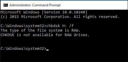 The type of the file system is RAW. CHKDSK is not available for RAW drives.