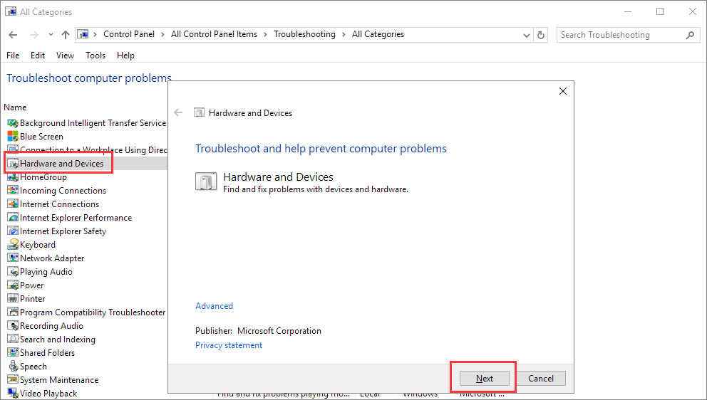 run hardware and devices and fix the wd my passport installation problems