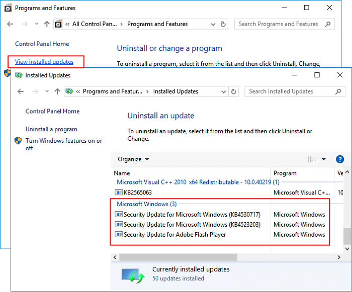 view Windows 10 update in contorl panel
