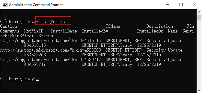 View Windows 10 update in cmd