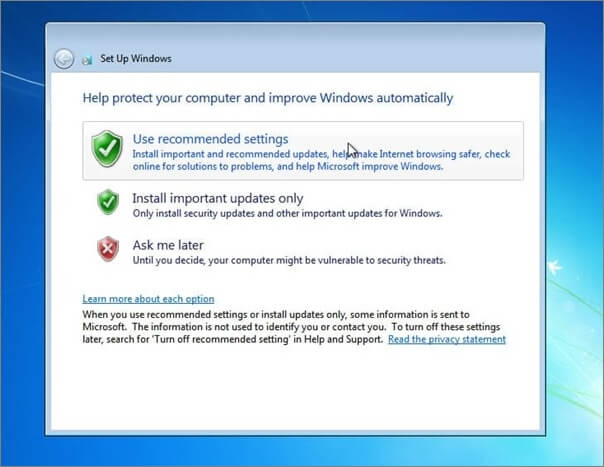 use Windows 7 recommended settings